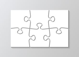 Puzzle mosaic layout with 6 details. Jigsaw pieces grid. Laser cut template. Layout of thinking mosaic game. White modern background. Infographic diagram. Vector illustration.