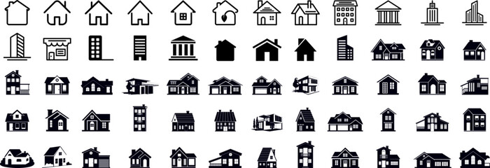 house and building icons. Real estate. Flat style houses symbols for apps and websites on whit background. Vector illustration - obrazy, fototapety, plakaty