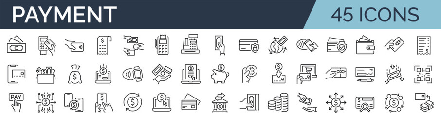 Fototapeta na wymiar Set of 45 outline icons related to payment. Linear icon collection. Editable stroke. Vector illustration