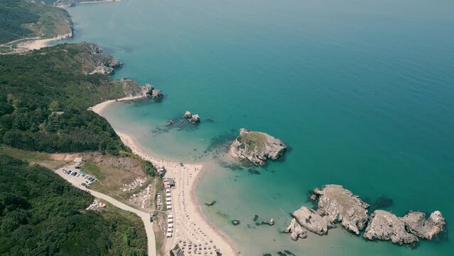 amazing beach view from drone and small bays with rocks