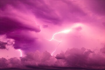 Naklejka na ściany i meble Bright purple violet clouds during storm, hurricane, rain and wind. Colorful dramatic sky and lightning