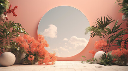 Minimal scene to show beauty summer products. Scene with minimalistic shapes, arches and circle in the background, minimal geometrical forms mirrors. pastel colors. Textured podium.