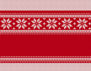 Christmas red knitted texture with snowflakes ornament border. Knit seamless pattern. Fair isle traditional ornament. Xmas print. Holiday background. Festive sweater. Vector illustration.