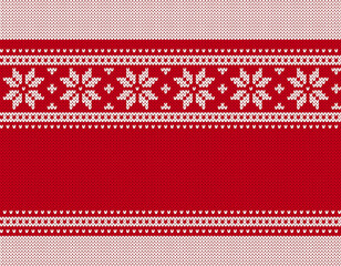 Christmas red knitted texture with snowflakes ornament border. Knit seamless pattern. Fair isle traditional ornament. Xmas print. Holiday background. Festive sweater. Vector illustration.