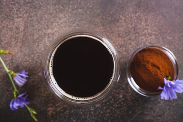 Close up of homemade alternative decaffeinated chicory drink in a cup on the table top view