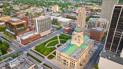 Side view Allen County courthouse aerial downtown Fort Wayne with PNC Center building