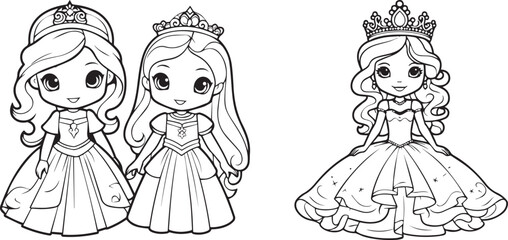 Kid coloring book character of little girl princess on isolated background, black outline, 100% editable and colorable