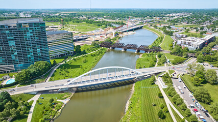 Scioto River aerial with multiple bridges near Columbus Ohio city