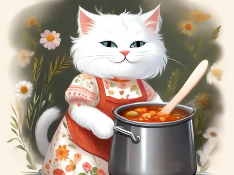 料理をする白猫　AI