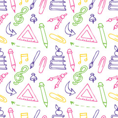 Seamless pattern with doodles on the theme of school. School supplies and creative elements. Vector illustration