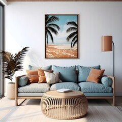 Tropical Tranquility: Modern Living Room with Art Palm Frame Mockup