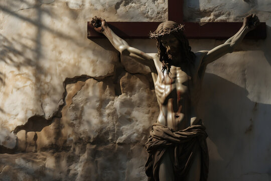 Crucifix with worn suspended Jesus casting shadow on stone wall