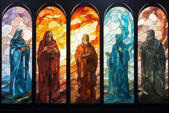 Stained glass segments with images of saints creating mosaic effect