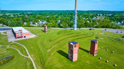 Aerial of abandoned freight elevators and Rastin Observation Tower in Ariel Foundation Park