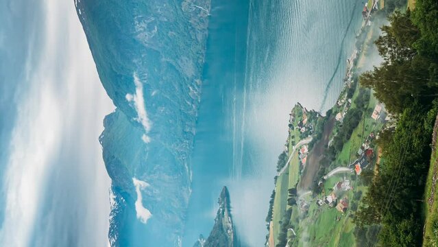 Sogn And Fjordane Fjord, Norway. Amazing Fjord Sogn Og Fjordane. In Fog Clouds. Vertical Footage Video. Summer Scenic View Of Famous Natural Attraction Landmark And Popular Destination In Summer.