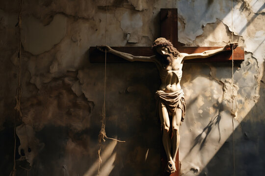 Crucifix with worn suspended Jesus casting shadow on stone wall