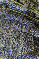 Dried lavender flowers on a wooden plate.