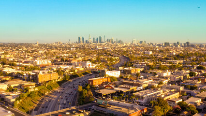 Obraz premium Aerial view of a freeway intersection in Los Angeles. 