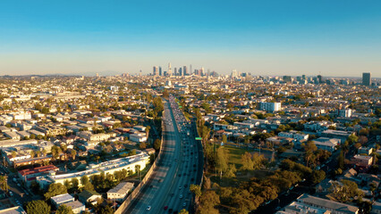 Obraz premium Aerial view of a freeway intersection in Los Angeles. 