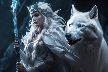 Fotobehang Beautiful ice queen with white wolf by her side © Alcuin