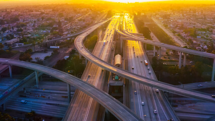 Aerial view of a freeway intersection in Los Angeles. 