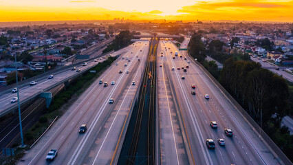 Fototapeta na wymiar Aerial view of a freeway intersection in Los Angeles. 