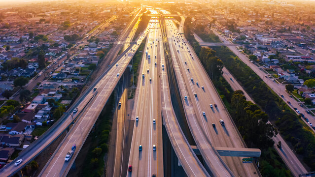 Aerial view of a freeway intersection in Los Angeles. 