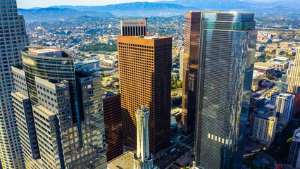 Drone view of downtown Los Angeles or LA skyline with skyscrapers. 