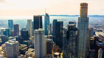 Obraz premium Drone view of downtown Los Angeles or LA skyline with skyscrapers. 