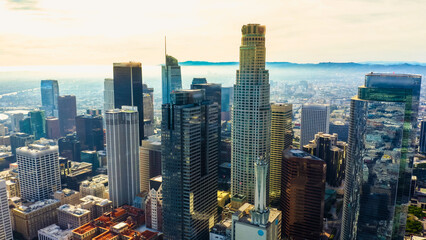Drone view of downtown Los Angeles or LA skyline with skyscrapers. 