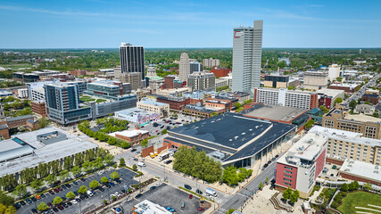 Aerial cityscape skyline skyscraper downtown aerial city architecture businesses Fort Wayne