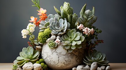 Obraz premium An exquisite image of a luxurious centerpiece arrangement featuring a variety of succulents and cactus plants in a designer planters.