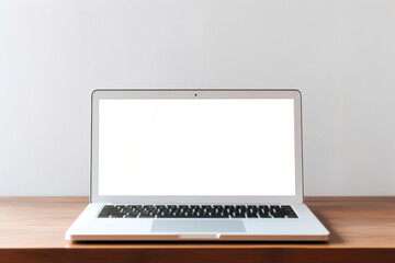 Laptop on the office desk with empty blank white screen. High quality photo