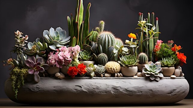An exquisite image of a luxurious centerpiece arrangement featuring a variety of succulents and cactus plants in a designer planters.