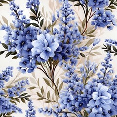 Seamless pattern with blue flowers and branches. Vector illustration. Tile