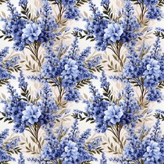 Seamless pattern with blue flowers and branches. Vector illustration. Tile