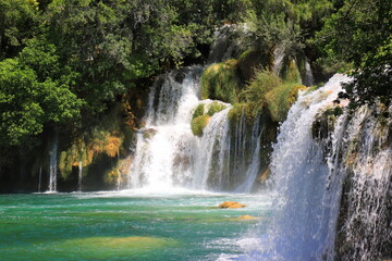 Cascade waterfall in Krka Landscape Park, Croatia. The best big beautiful Croatian waterfalls, mountains and nature.