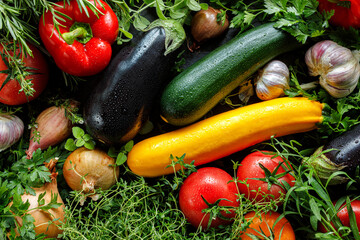 A set of fresh vegetables and herbs from which you can prepare a vegetarian dish, for example...