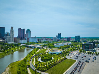 Naklejka na ściany i meble Aerial view Columbus Ohio skyscrapers and bridge over river leading to National Veterans Memorial