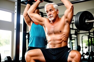 Hipster senior man training inside gym - Mature tattooed person having fun doing workout exercises in sport fitness club - Active joyful elderly lifestyle and fit concept - Focus on hands - Powered by Adobe