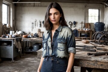 young blonde girl with long hair is an auto mechanic in the garage with a lot of tools on the shelves holding wrenches