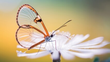 macro Photo of Glasswinged Butterfly on single pastel flower