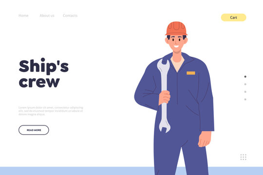 Ship crew repair service landing page design template with marine mechanic in uniform holding wrench
