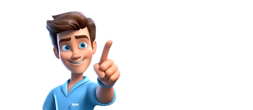 Cartoon character, young Caucasian cute guy wears blue shirt, raised index finger, looks at camera, on white background