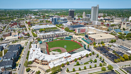 Summer baseball diamond Tin Caps Stadium Parkview Field downtown Fort Wayne cityscape