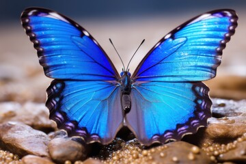 Fototapeta na wymiar Photo of blue Morpho butterfly in natural environmet