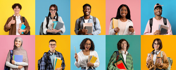 Set of portraits of successful diverse students, collage
