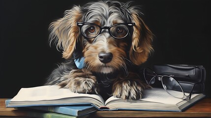 intelligent dog studying, dog with glasses at the desk