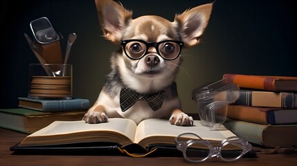 intelligent dog studying, dog with glasses at the desk