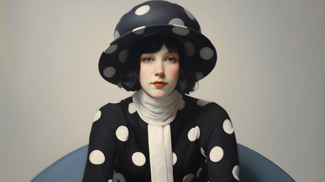 Fine oil painted style portrait of a woman in polkadot blouse and hat; a generative AI illustration